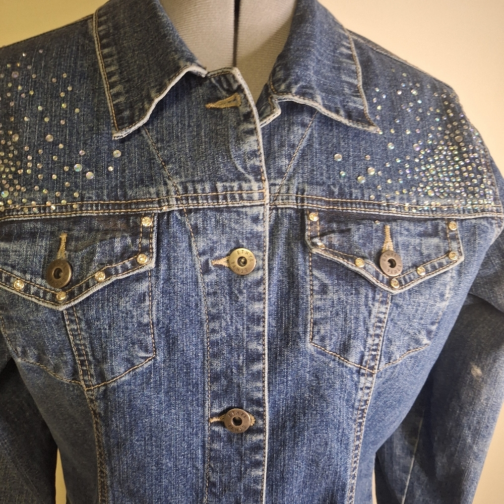 Women's Blue Jean Jacket with Rhinestone Detailing Size Med - Picture 3 of 10